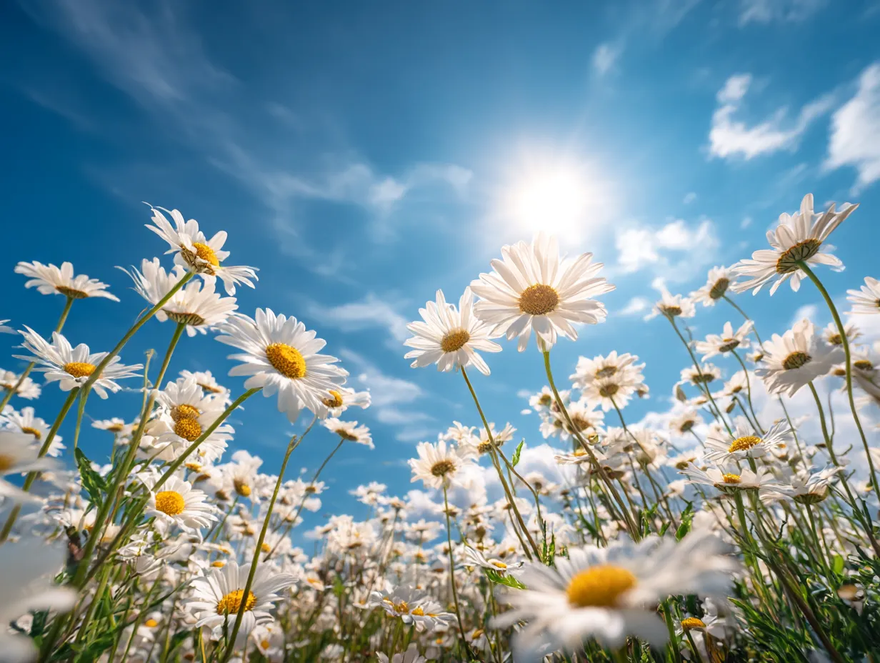青空の下で咲くマーガレットの花々｜青空を背景に咲くマーガレットの花々が、明るく爽やかな印象を与えます。日差しを浴びる花々は、自然のエネルギーを感じさせ、マーガレットの花が持つ開放的な魅力がよく表現された一枚です。