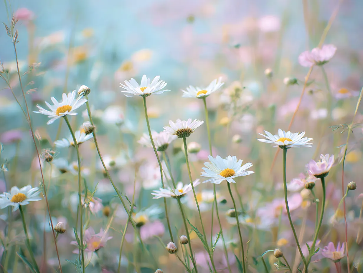 柔らかな色合いが魅力的なマーガレットの花々｜ピンク色や青色が優しく混ざり合った背景に、マーガレットの花が優美に咲いています。この写真は、穏やかな色合いとともに、マーガレットの花がもつ繊細で優しい雰囲気を表現しています。