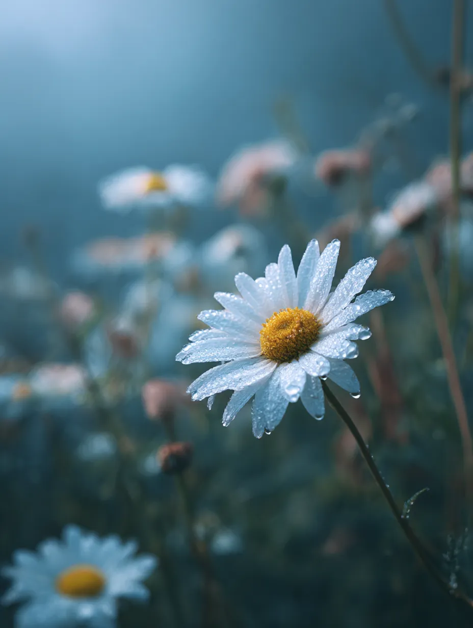 霧の中で輝くマーガレットの花｜霧がかった幻想的な風景の中、マーガレットの花が水滴をまとい美しく輝いています。この写真は、朝の静けさとマーガレットの花が放つ神秘的な美しさを伝えています。