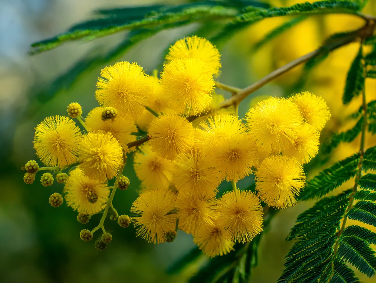 ミモザの花が輝く春の風景｜鮮やかな黄色のミモザの花々が、美しい緑の葉と共に映し出されています。この写真は、春の訪れを感じさせる穏やかな雰囲気を醸し出し、ミモザの花が持つ明るく暖かな魅力を捉えています。