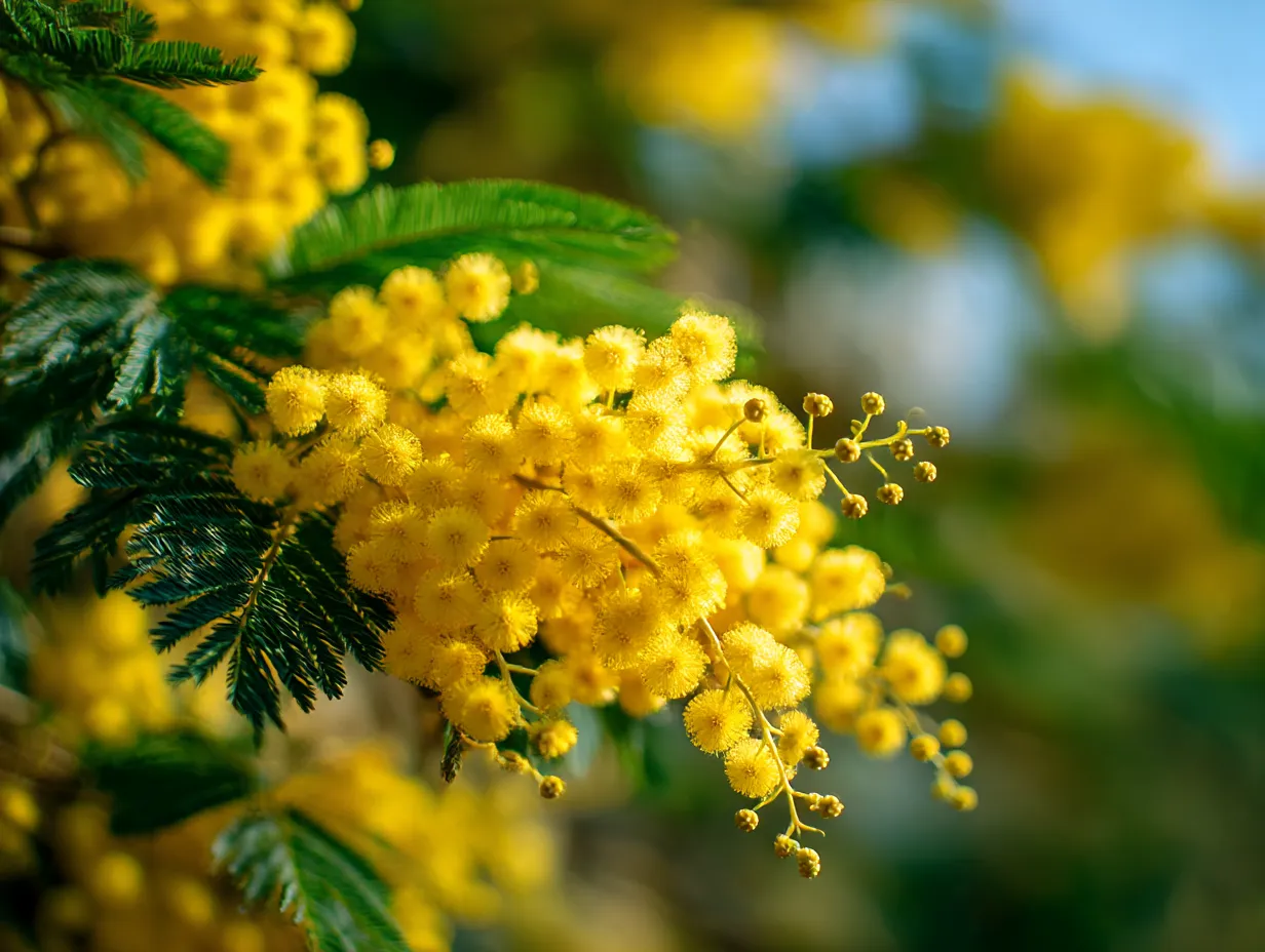 ミモザの花と青空のコントラスト｜青空の下で、ミモザの黄色い花が鮮やかに咲き誇っています。この写真は、青い空と黄色い花が見事に調和し、自然の美しさを引き立てています。ミモザの花がまるで太陽のように輝いています。