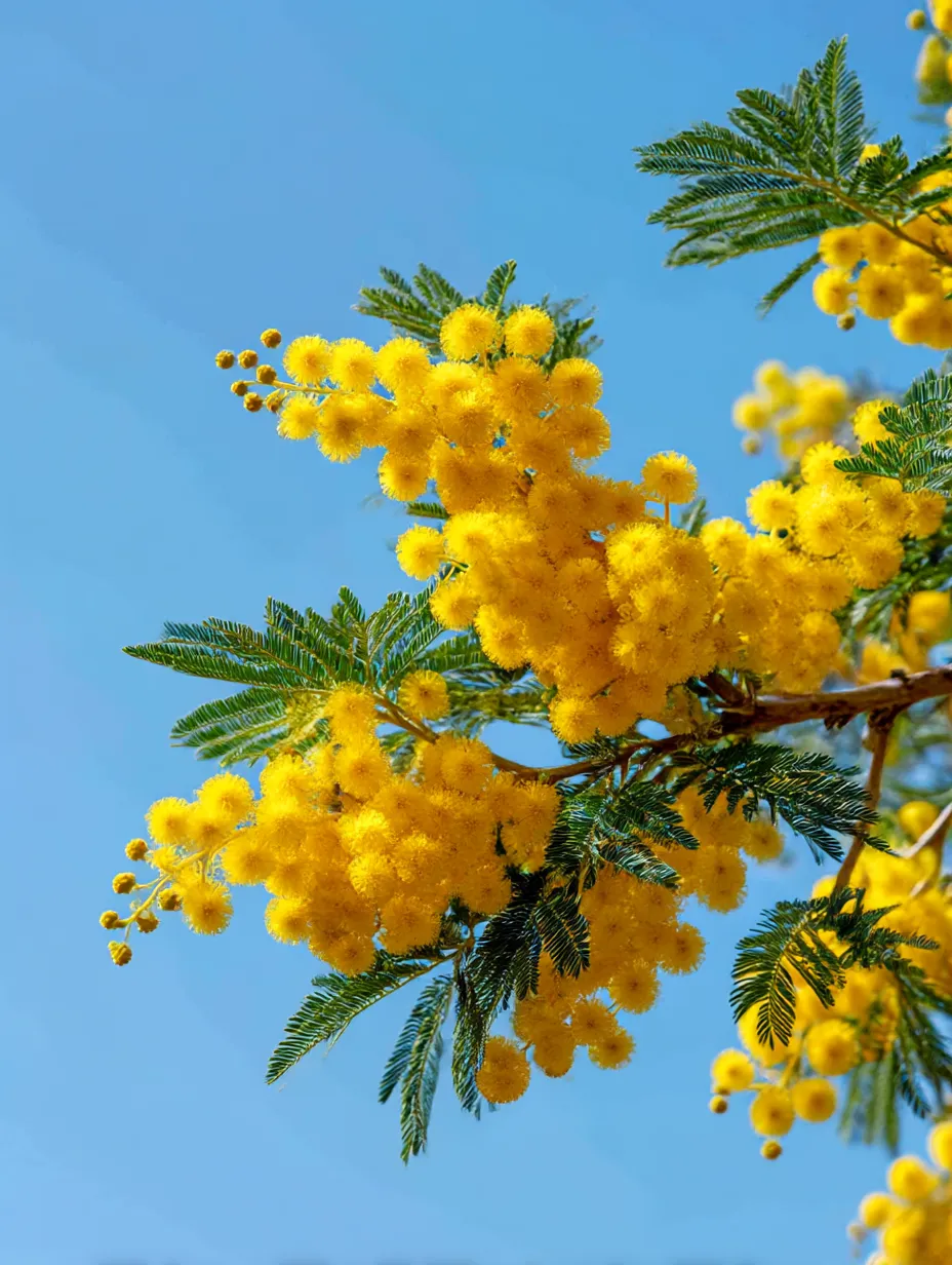 ミモザの花が描く明るい春｜鮮やかな黄色のミモザの花々が、青空を背景にして美しく咲き誇ります。この写真は、春の明るさとエネルギーを感じさせ、ミモザの花が放つ元気な印象を強調しています。
