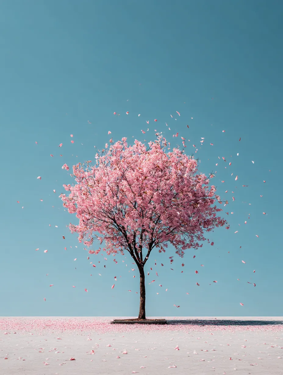 樹木：写真と春の訪れ｜満開の桜が風に揺れ、花びらが空に舞う鮮やかな春の光景。青空の下で咲き誇る桜の樹木が生命力を感じさせ、自然の美しさを再認識する「樹木：写真」です。