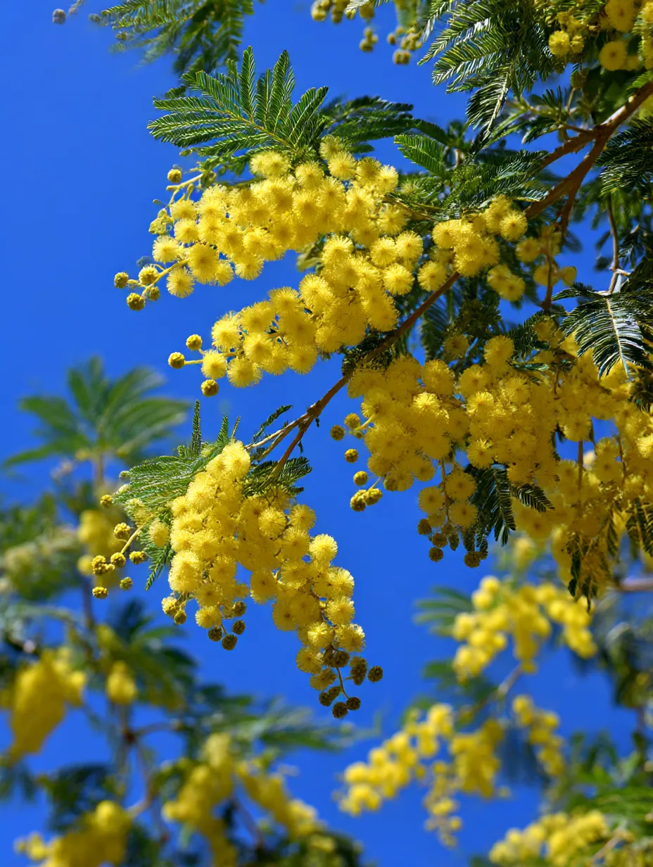ミモザの花々が広がる春の風景｜黄色いミモザの花々が青空の下で大きく広がる景色が魅力的です。花が持つ華やかさと空の青さが一体となって、春の素晴らしい一瞬を捉えています。ミモザの花が鮮やかさを引き立てます。