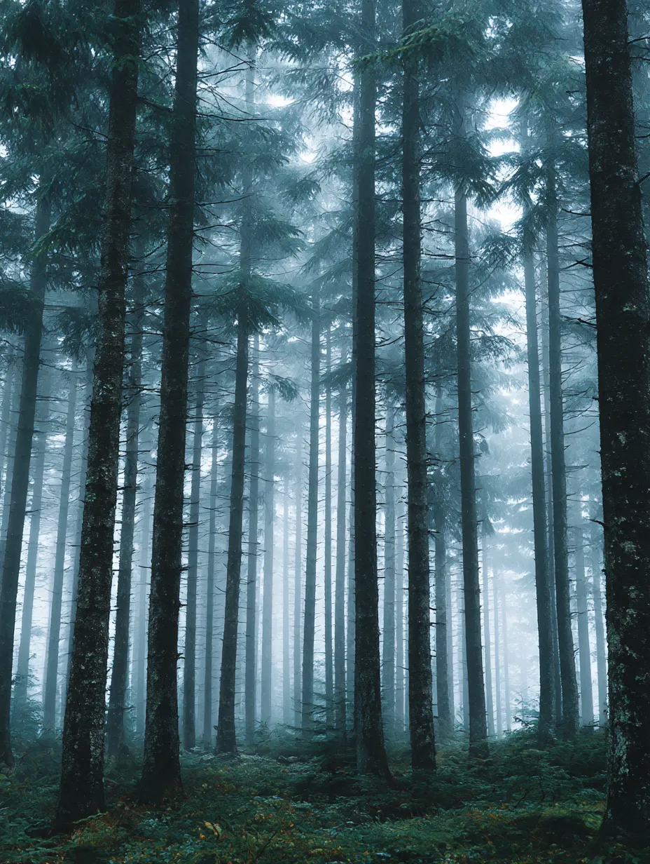 もみの木：写真3｜霧に包まれたもみの木の森が、神秘的で落ち着いた雰囲気を作り出しています。透き通る霧が木々の間を漂い、もみの木の立ち並ぶ静かな風景が心に残ります。
