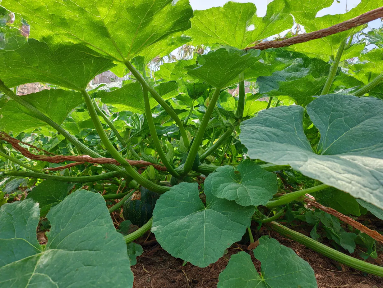 かぼちゃの葉っぱの広がり｜かぼちゃの葉っぱが大きく広がり、庭の中で活き活きと育っている様子を捉えた写真。葉の広がりが自然の力強さを象徴し、かぼちゃの葉っぱが重なり合っている様子が視覚的に印象的です。