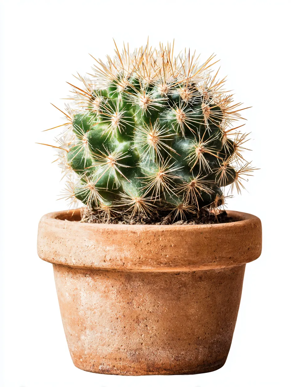 サボテンの丸み1｜素朴な鉢に植えられた小さなサボテン。棘が整然と並び、その丸みを帯びた形が愛らしく、サボテンの素朴さを感じる写真です。シンプルな美しさが際立っています。