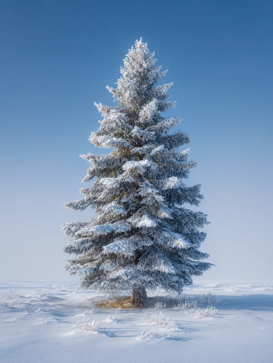 もみの木：写真5｜雪に覆われたもみの木が、澄み渡った青空とともに美しい景色を作り出しています。雪の精緻な形とその静けさが、この冬の風景に穏やかな魅力を加えています。