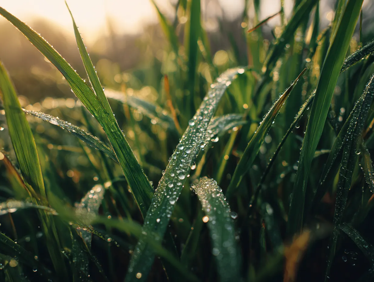 草の朝露1｜草の葉に朝露がついている美しい写真。太陽の光を浴びて水滴が輝き、草の緑が生き生きと映し出されています。自然の息吹が感じられる、清々しい瞬間です。