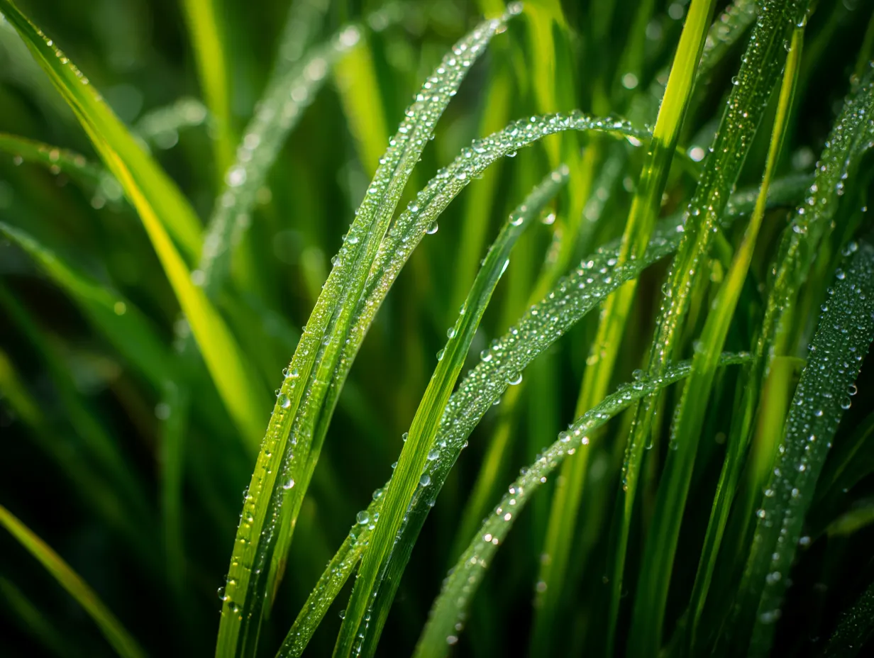 草の水滴の輝き｜草の葉の上に輝く水滴が美しい写真。柔らかな光が反射し、草の緑と水滴の透明感が見事に調和しています。草が持つ繊細さと生命力を感じさせます。