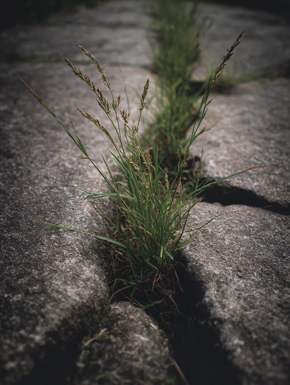 割れ目から伸びる草｜岩の隙間から生える草が捉えられた写真。厳しい環境でも力強く生きる草が、その生命力を象徴しています。厳しい自然の中での逞しさを感じさせる一枚です。