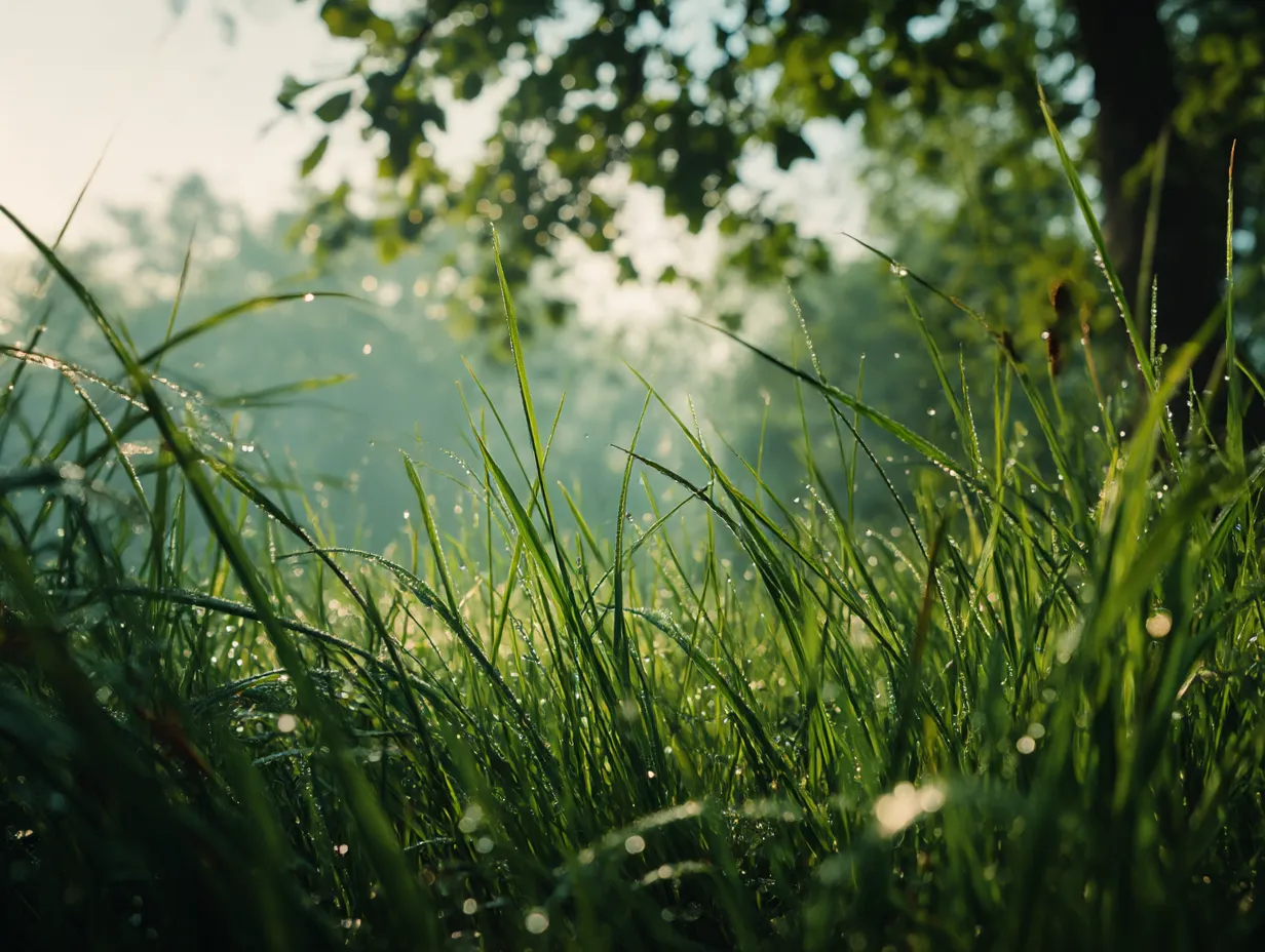 朝露の草｜朝日を浴びる草に滴る露が美しい写真です。柔らかな光が草の葉に当たり、自然の繊細な美しさが引き立っています。この「草」の写真は、静けさと新しい一日の始まりを感じさせます。
