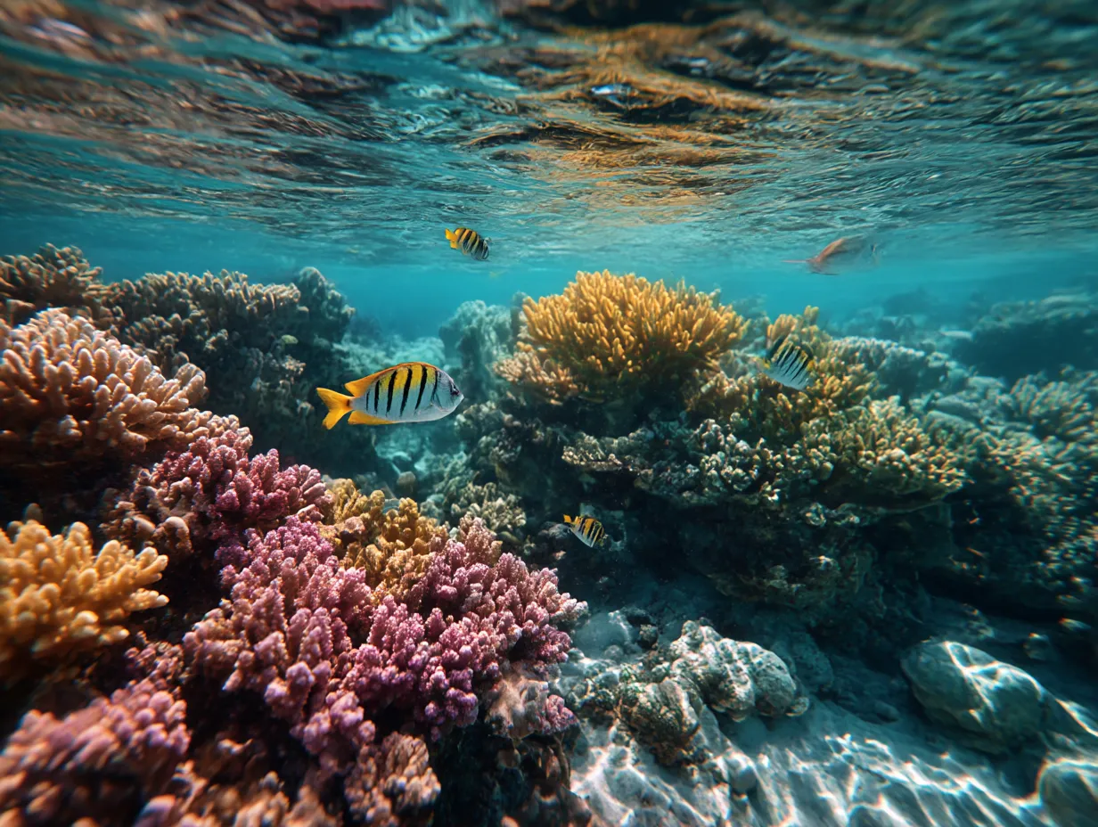 サンゴと魚の共生｜サンゴ 写真｜透明度の高い水中で、色鮮やかな「サンゴ」とともに泳ぐ魚たちの姿が映し出されています。サンゴが提供する環境の中で、魚たちが共生している様子が印象的です。海の生命力が感じられる一枚です。