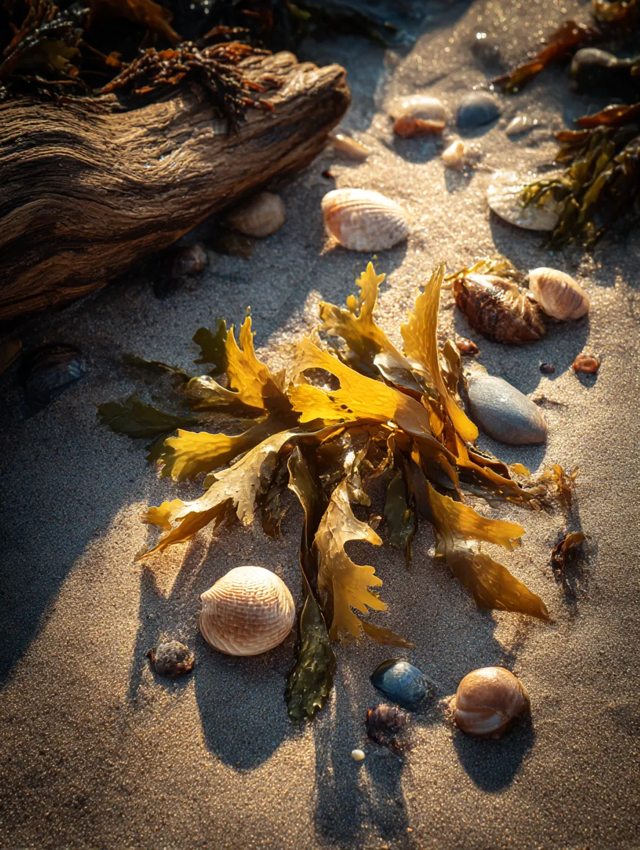 海辺に漂う海藻｜海藻 写真｜この「海藻」の写真は、砂浜に打ち寄せられた海藻の群れを捉えています。穏やかな海の波に揺れる姿が、自然の美しさと海辺の静けさを感じさせ、夕暮れ時の柔らかな光がその情景を引き立てています。