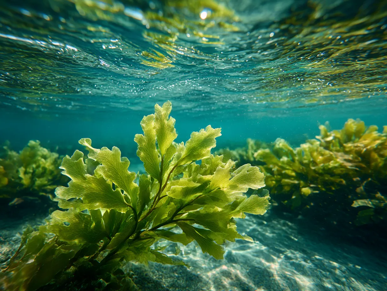 水中の海藻の成長｜海藻 写真｜透き通る水の中でゆったりと育つ「海藻」の写真。太陽光が差し込み、海藻が水中で優雅に揺れ動く様子が美しく捉えられています。海の中の生命力と自然の静かな調和が感じられる一枚です。