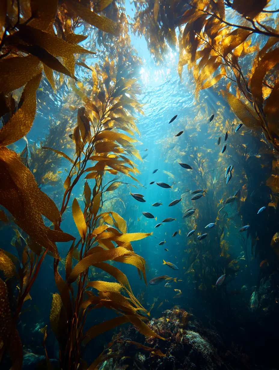 海藻の森｜海藻 写真｜水中に広がる「海藻」の森。太陽光が差し込み、黄金色に輝く海藻が水面に向かって伸びています。そこに魚たちが泳ぐ様子も加わり、生命が豊かに息づく美しい海底の世界を感じさせる一枚です。