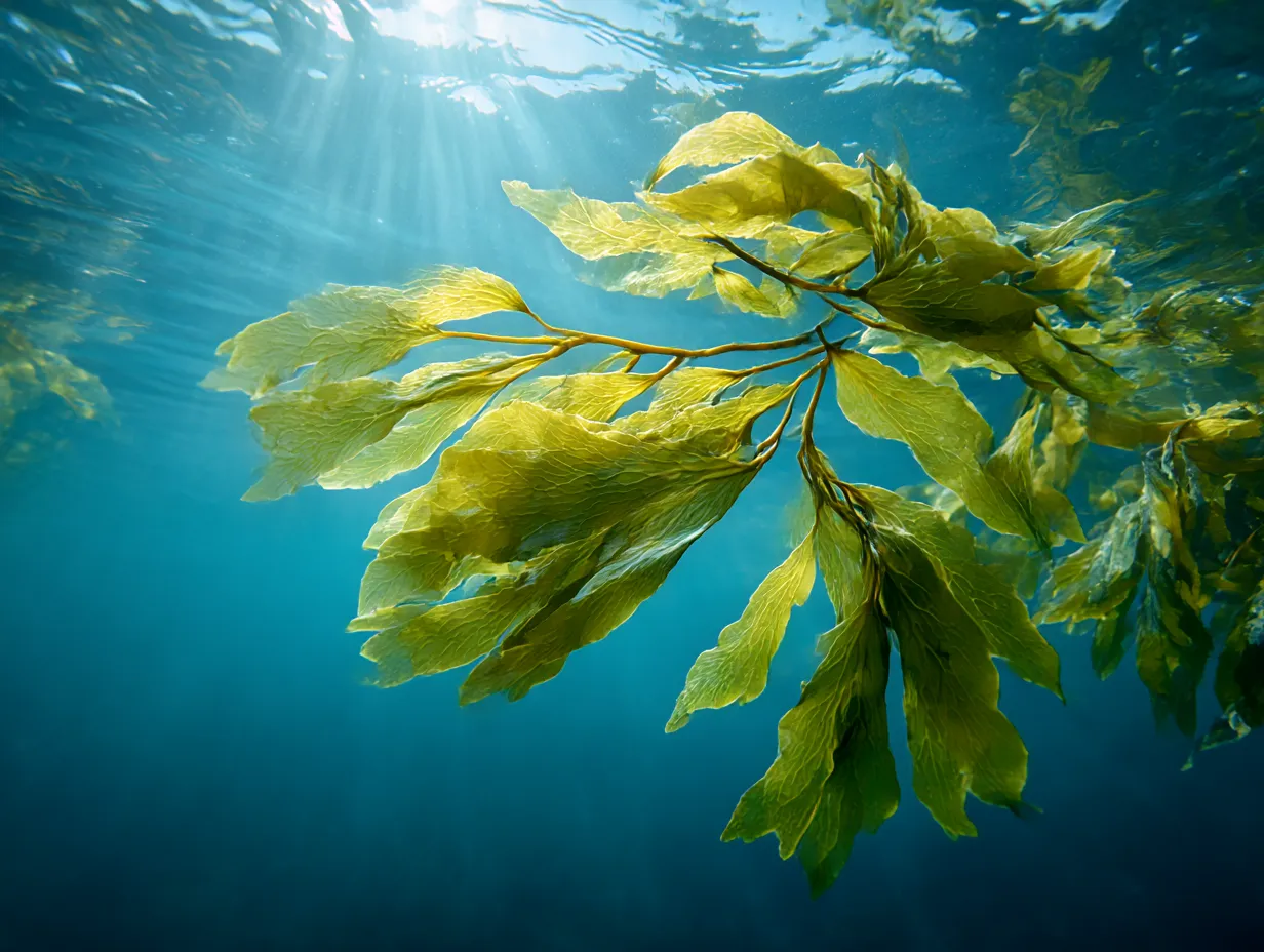 海底のわかめの成長｜わかめ 写真｜水中で広がる「わかめ」の美しい風景。透き通る水の中で、太陽光を浴びて揺れるわかめの葉が印象的です。この写真は、自然の中で育つ生命力とその静かな美しさを見事に表現しています。