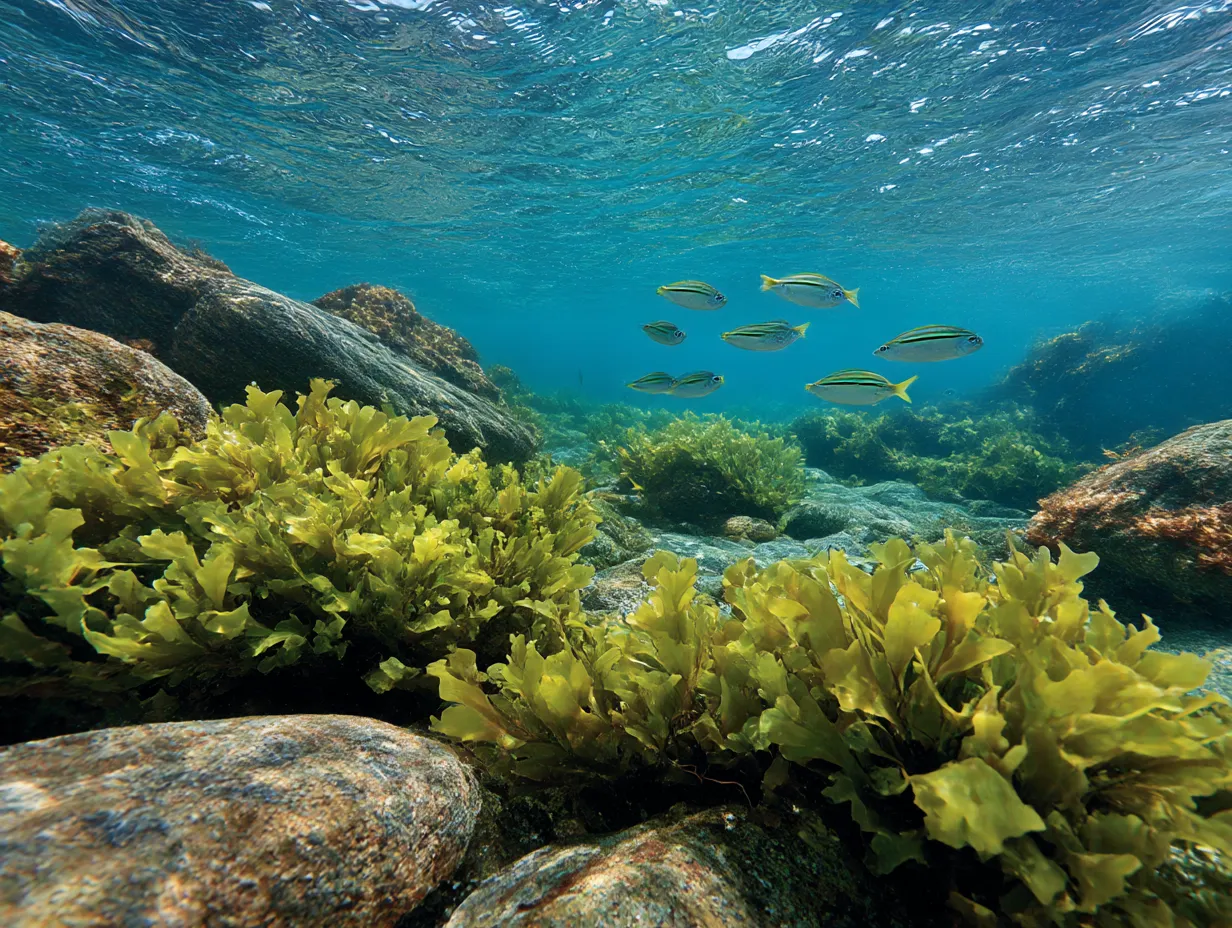 海の中のわかめと魚たち｜わかめ 写真｜海中で泳ぐ魚たちと一緒に広がる「わかめ」の風景。穏やかな水面下でゆっくりと揺れるわかめが、海の生態系を支える大切な存在であることを感じさせる美しい瞬間です。