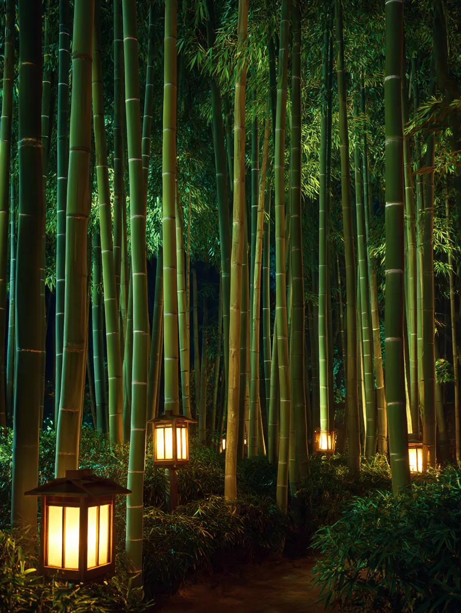 竹：写真1｜幻想的な竹林の中に灯りが灯る夜の一枚。竹のしなやかさと灯りが共鳴し、静寂と神秘的な雰囲気を作り出しています。この竹の森が持つ落ち着いた美しさと静けさが心に残ります。
