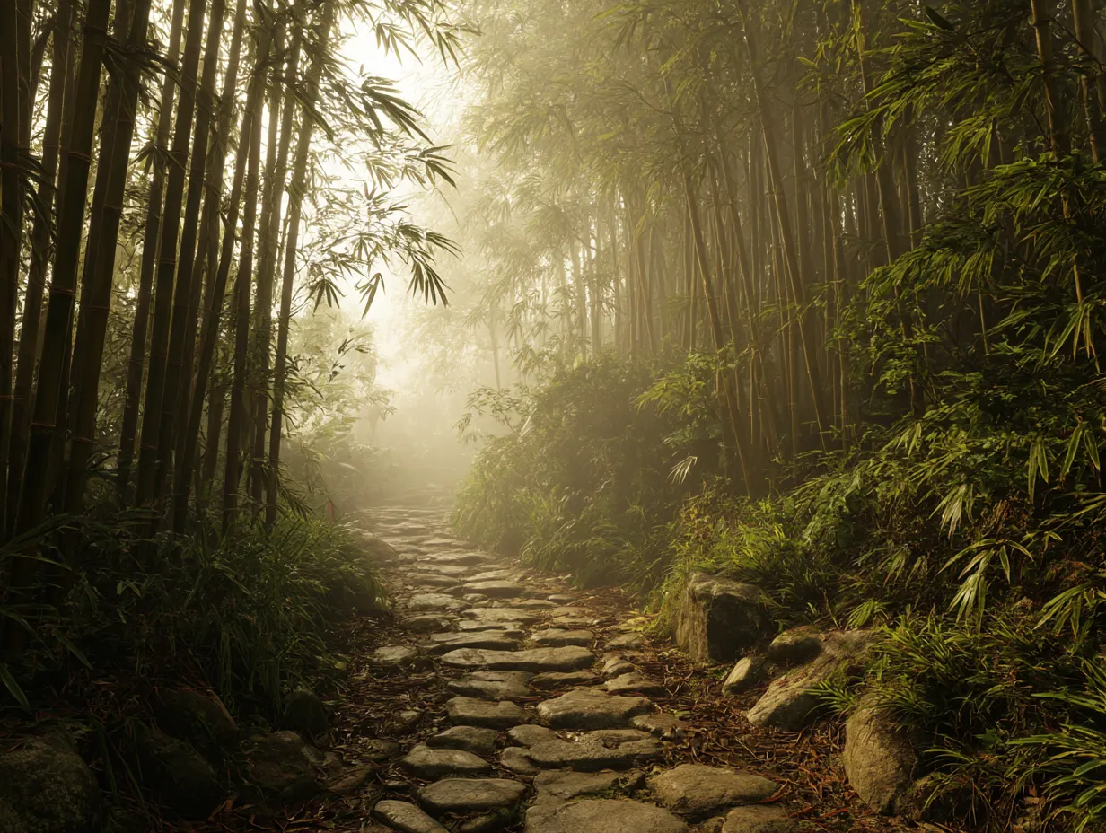 竹：写真4｜竹林の間を通る石畳の道が幻想的な雰囲気を醸し出しています。霧の中、竹の茂みと光が交差し、静かな時間の流れを感じさせる神秘的な一枚です。