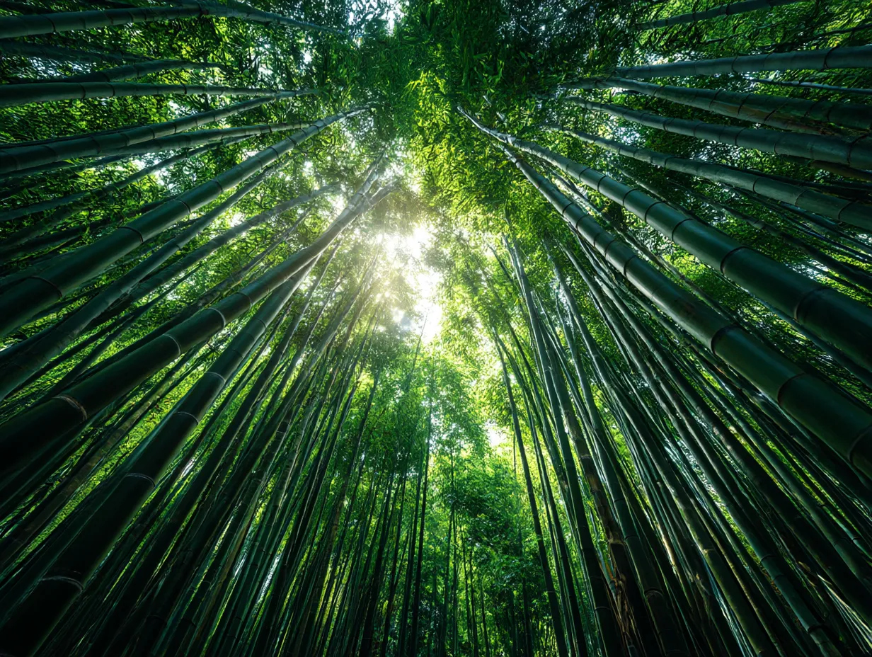 竹：写真5｜竹の森を見上げた視点で、太陽の光が竹の間から差し込んでいる風景。太陽の光が竹の葉に反射し、温かな自然のエネルギーを感じさせる一枚です。