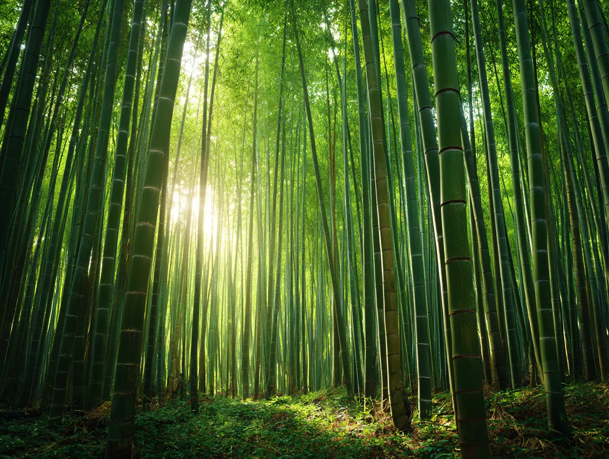 竹：写真6｜竹林の中で、陽光を浴びた竹の幹が並ぶ美しい景色。光と影のコントラストが鮮やかで、竹の伸びやかさと自然の力強さが感じられる印象的な一枚です。