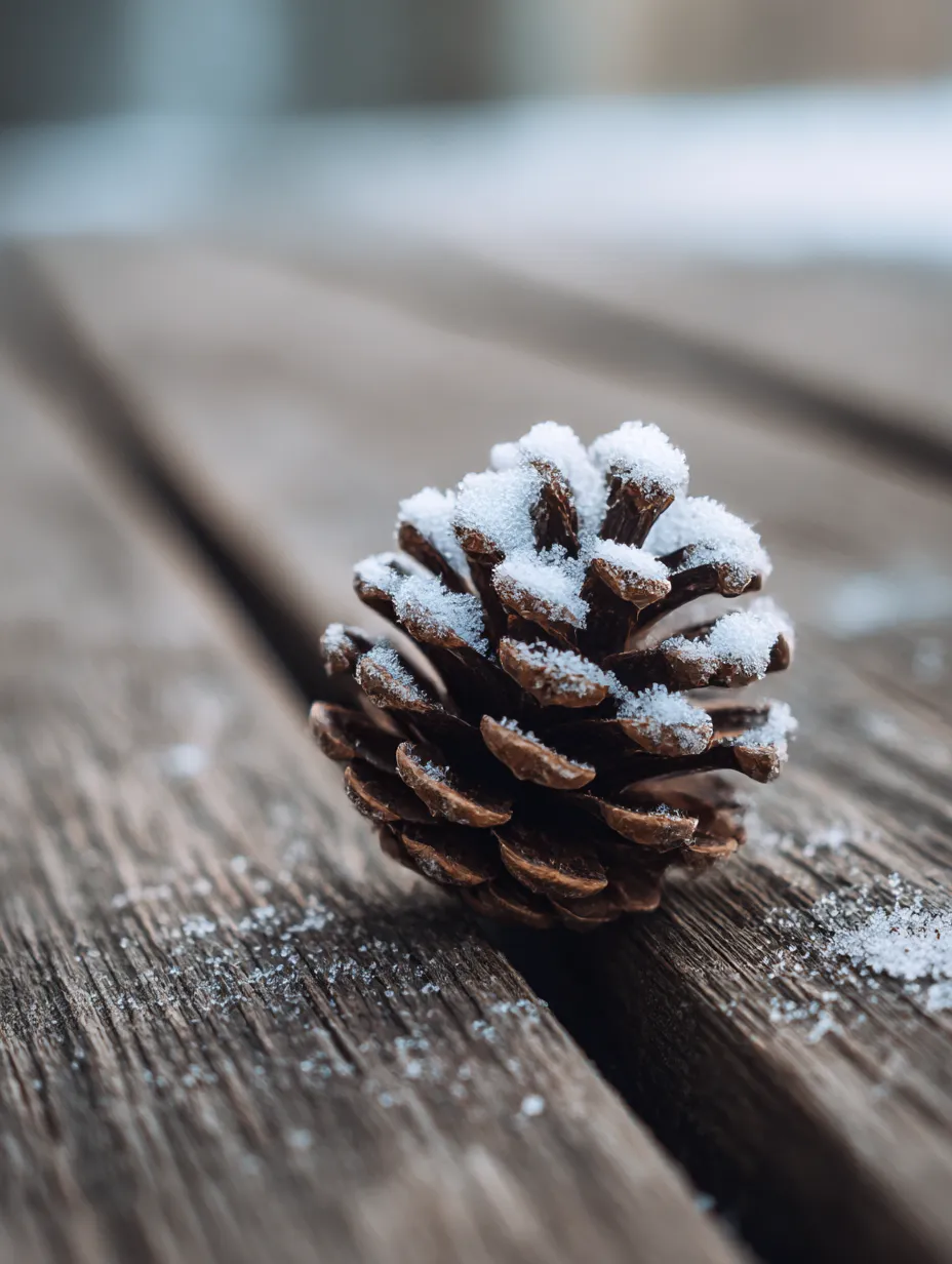 松ぼっくり：写真5｜木の表面に雪が積もった松ぼっくり。冷たい冬の空気を感じさせるこの写真では、松ぼっくりの硬質感と雪の静けさが美しく表現されています。冬の静けさが感じられる一枚です。
