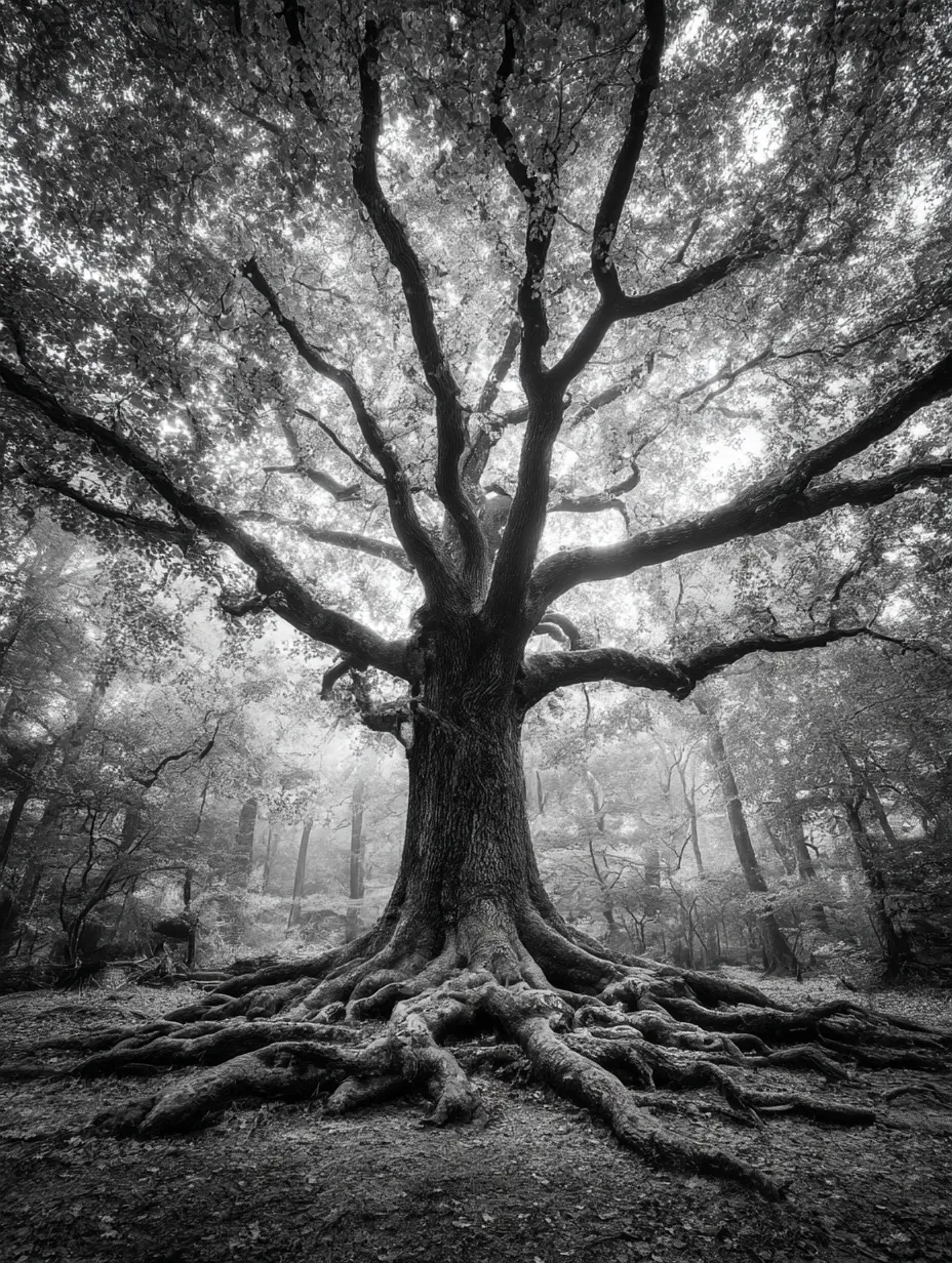木：写真とモノクロの陰影｜黒白のコントラストが際立つ「木：写真」。根元から広がる大きな枝が空に向かって伸びる様子が、力強さと静寂さを同時に感じさせます。光と影のバランスが、より一層この木の存在感を引き立てています。