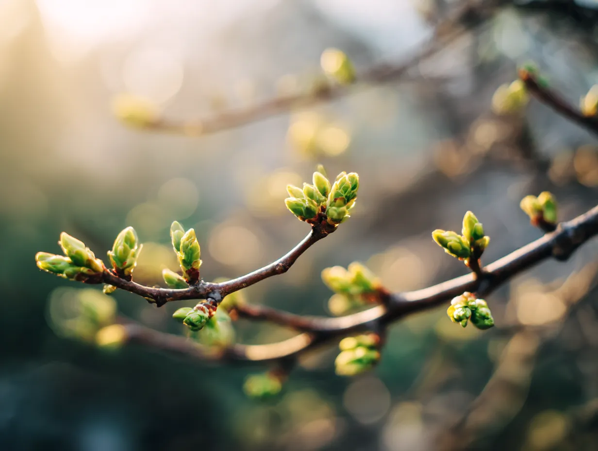 春の息吹を感じる木の枝：写真｜春の訪れを告げる新緑が芽吹く木の枝を捉えた写真です。この「木の枝：写真」では、太陽の光を浴びて輝く若葉が、季節の移ろいを感じさせます。柔らかい光と共に、木の枝が春の暖かさを象徴しています。