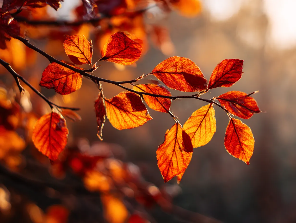 秋の紅葉を映す木の枝：写真｜秋の深まりを感じさせる色づいた葉が、木の枝にしっかりと留まっています。この「木の枝：写真」は、暖かいオレンジ色の葉が、柔らかな光に照らされて、秋の豊かな色合いを見事に表現しています。季節の移り変わりを感じさせる一枚です。