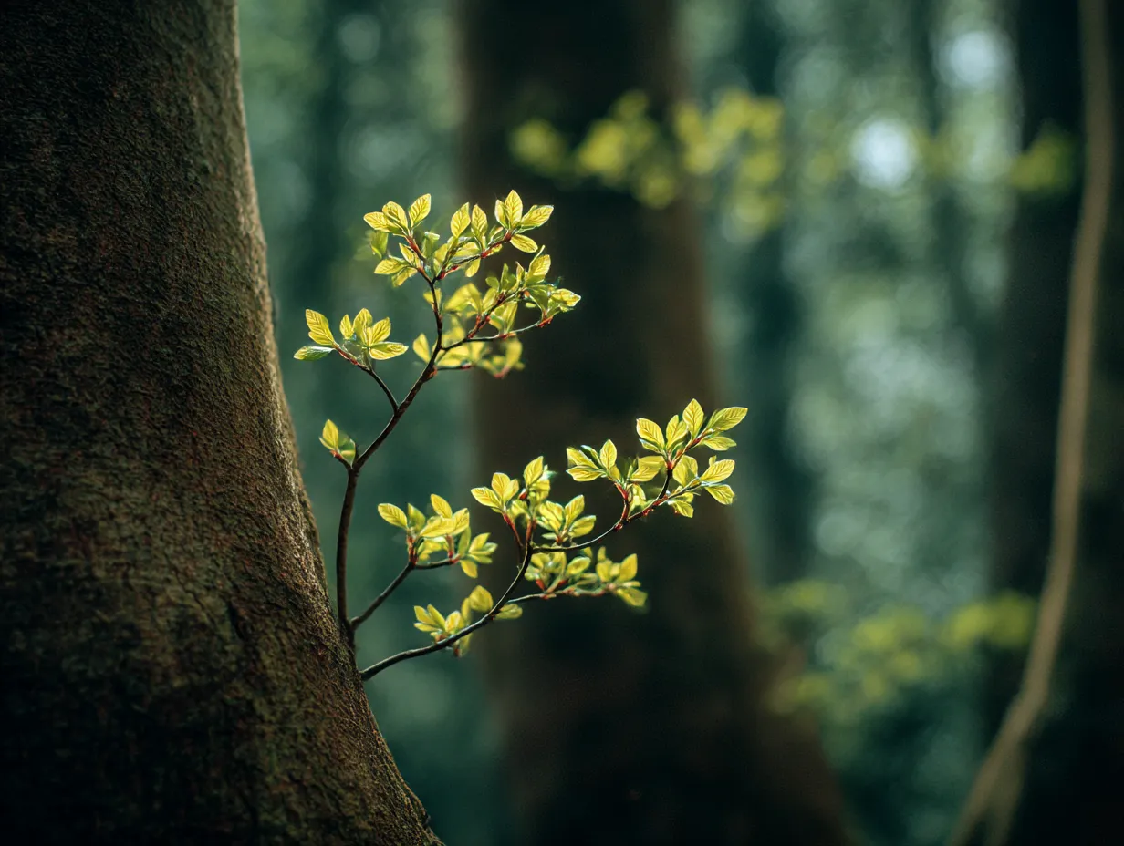 新たに芽吹く葉を持つ木の枝：写真｜新緑の葉が木の枝に芽吹き始めた、生命力溢れる瞬間を捉えた写真です。この「木の枝：写真」では、柔らかな緑色が生命の再生を象徴し、木の枝が生き生きとしたエネルギーを放っています。自然の新しい息吹を感じる一枚です。