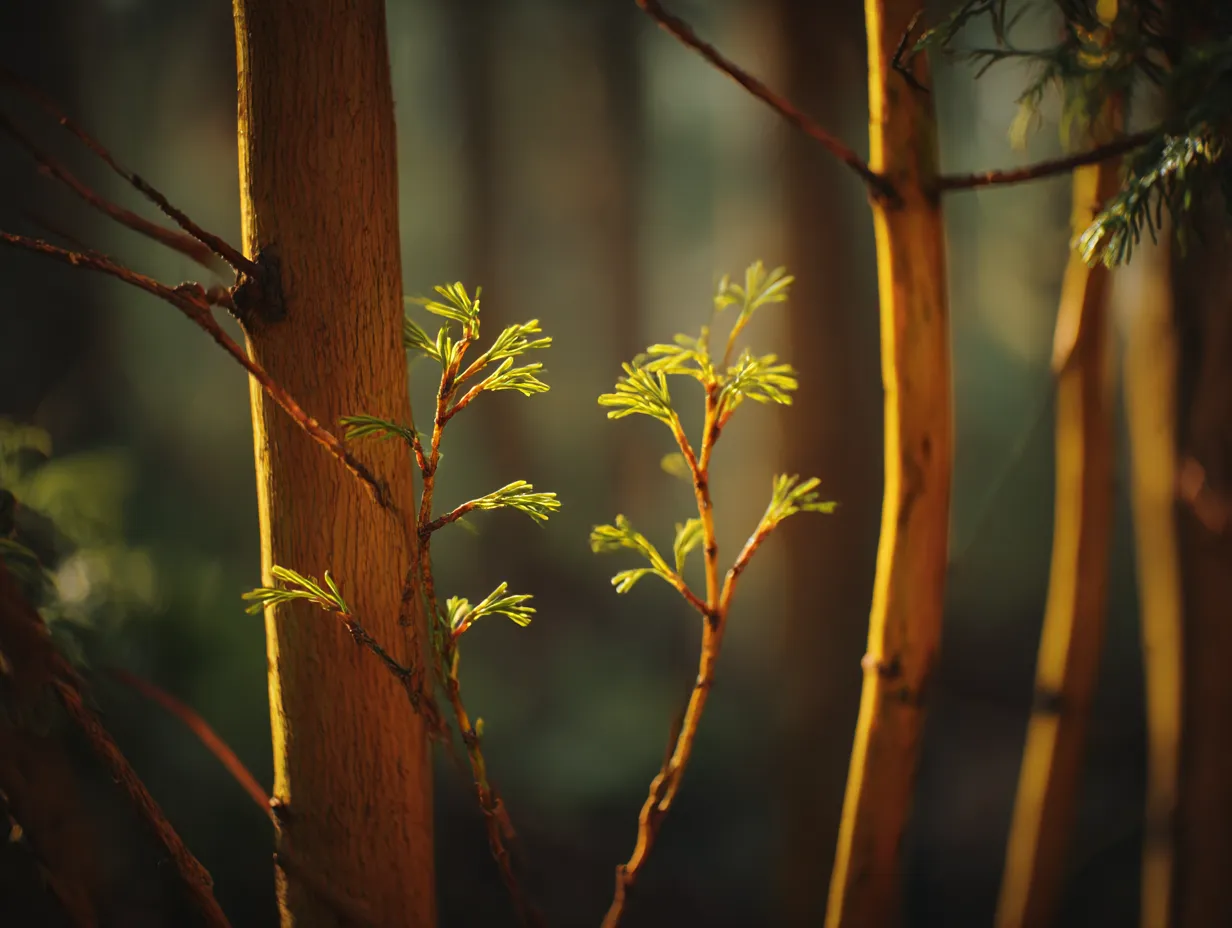 暖かな光に照らされる枝：写真｜光を浴びて輝く細い枝が柔らかい雰囲気を持った写真です。この「木の枝：写真」は、木の枝が柔らかな黄色い光に照らされ、温かみのある景色を生み出しています。静かな午後の一瞬を切り取ったような、穏やかな空気が漂います。