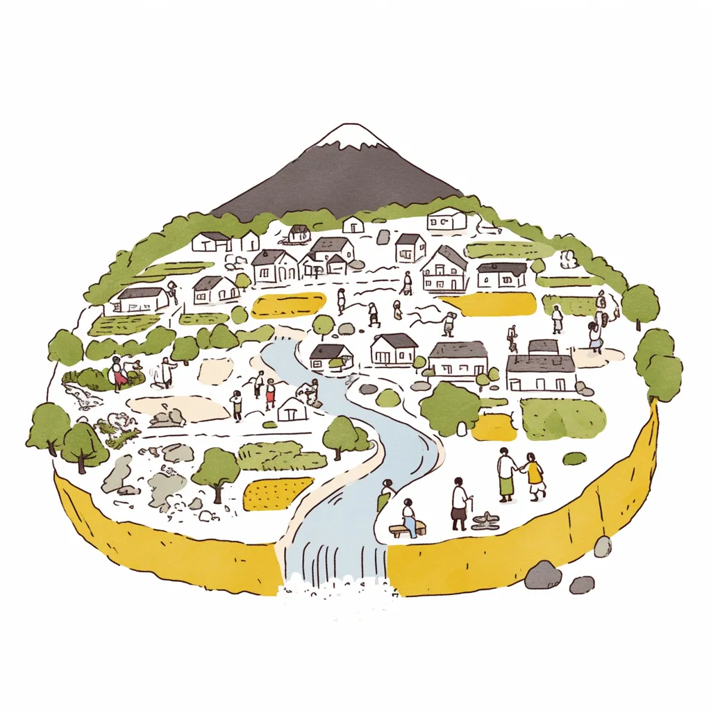 地理・山のふもとのコミュニティ｜素朴なタッチと暖かみのある色合いで描かれた、山のふもとに広がる村の地理イラスト。農作業をする人々や川で遊ぶ子どもたちが描かれ、自然と共に暮らす生活が伝わる。のどかで優しい印象が魅力的。