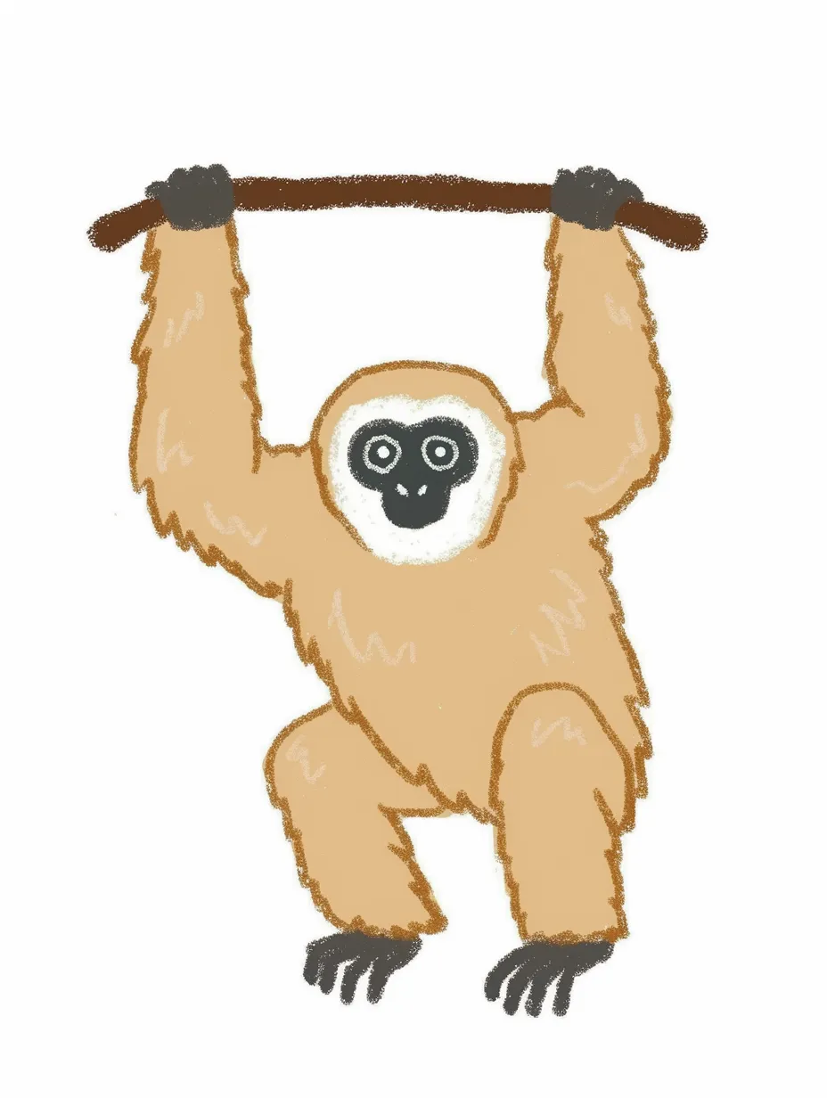 愛らしい表情のテナガザル｜優しいタッチで描かれたテナガザル。ふんわりとした毛並みと黒い手足が特徴で、ナチュラルな雰囲気を演出している。