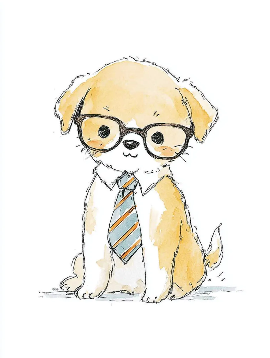 おしゃれネクタイメガネの子犬｜淡い水彩タッチで描かれた子犬は、柔らかな表情と丸いメガネが印象的。ストライプ柄のネクタイがアクセントとなり、全体に優しく知的な雰囲気を演出。おしゃれネクタイメガネの小さな紳士として親しみを感じさせる。