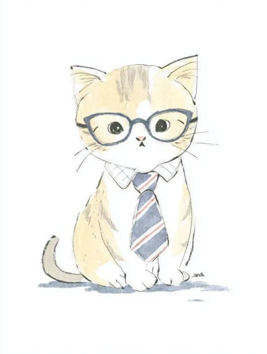 おしゃれネクタイメガネの子猫｜小さな子猫がネクタイとメガネを身に着けており、絵本風の柔らかいタッチで描かれています。おしゃれネクタイメガネの組み合わせが知的で愛らしい雰囲気を演出しています。