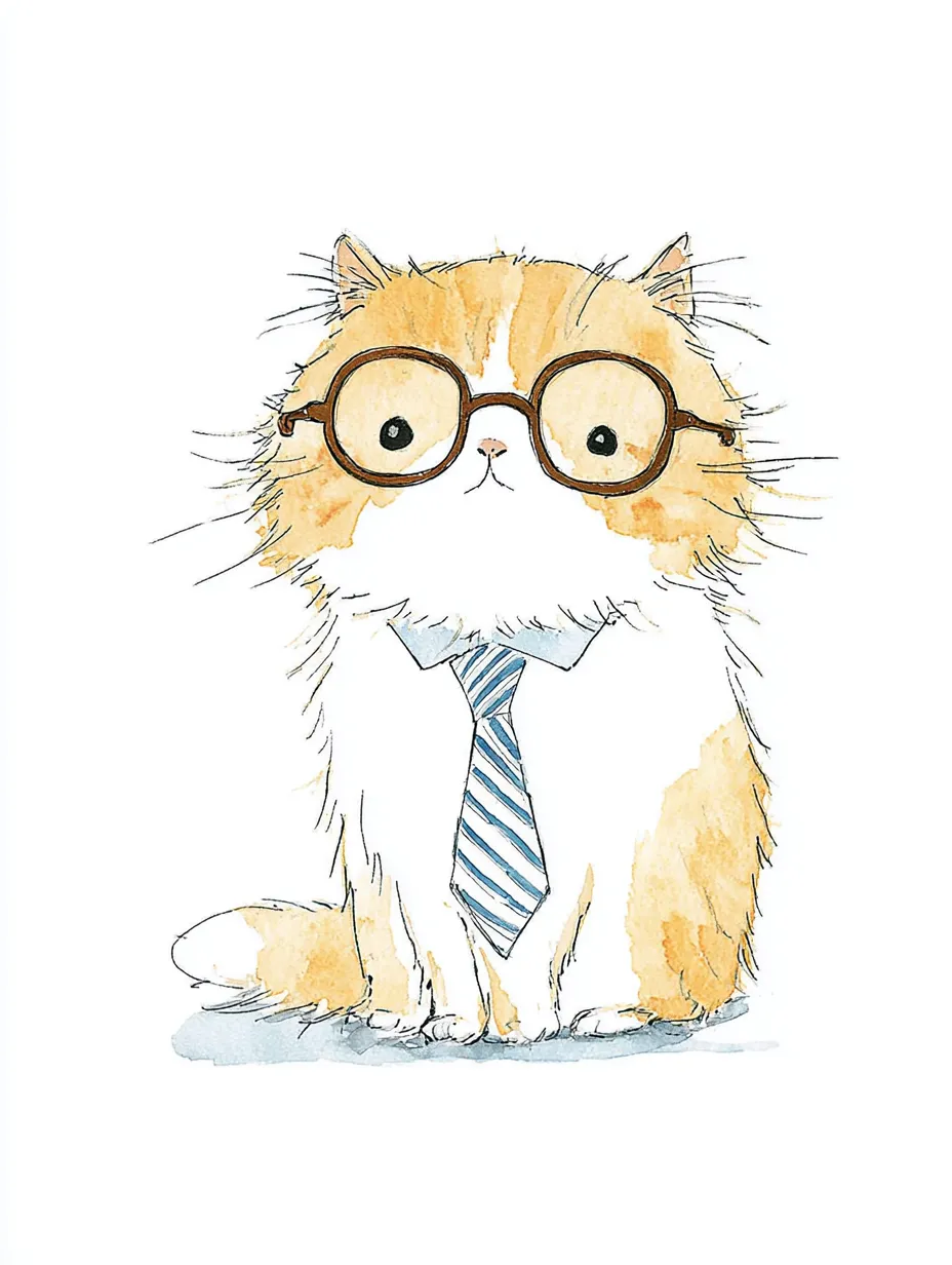 おしゃれネクタイメガネのもふもふ猫｜ふわふわとした長毛の猫が、ストライプのネクタイと大きな丸メガネをかけており、クラシックで品のある印象。おしゃれネクタイメガネのアクセントが魅力を引き立てています。