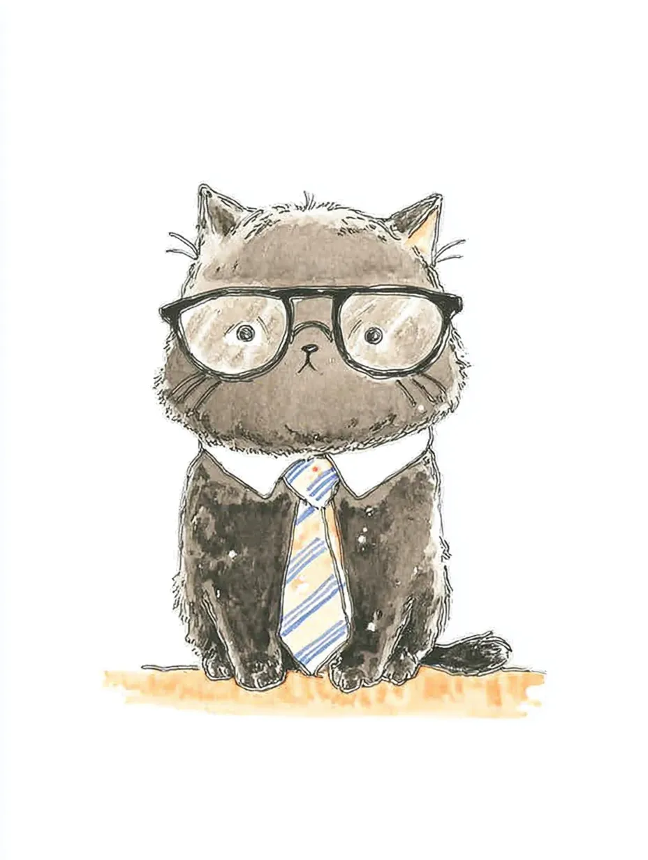 おしゃれネクタイメガネの黒猫｜つややかな黒猫がキリッとした表情で、シャツ襟と淡いネクタイを着用。おしゃれネクタイメガネの対比がシンプルな色調に映え、落ち着いた存在感があります。
