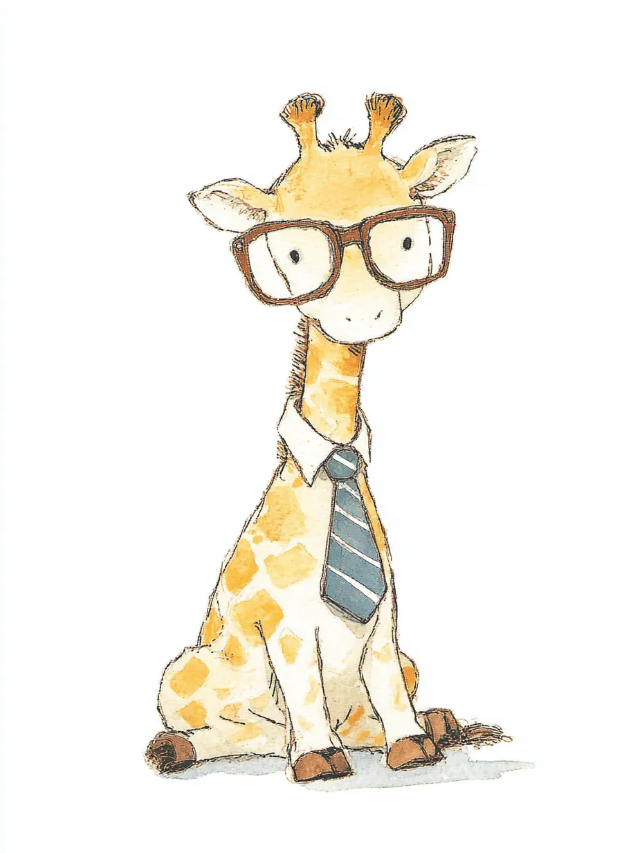 おしゃれネクタイメガネのきりん｜やわらかなタッチで描かれたきりんが、首元のネクタイと大きめのメガネでバランス良く整っています。おしゃれネクタイメガネのデザインがすらりとした品を演出しています。