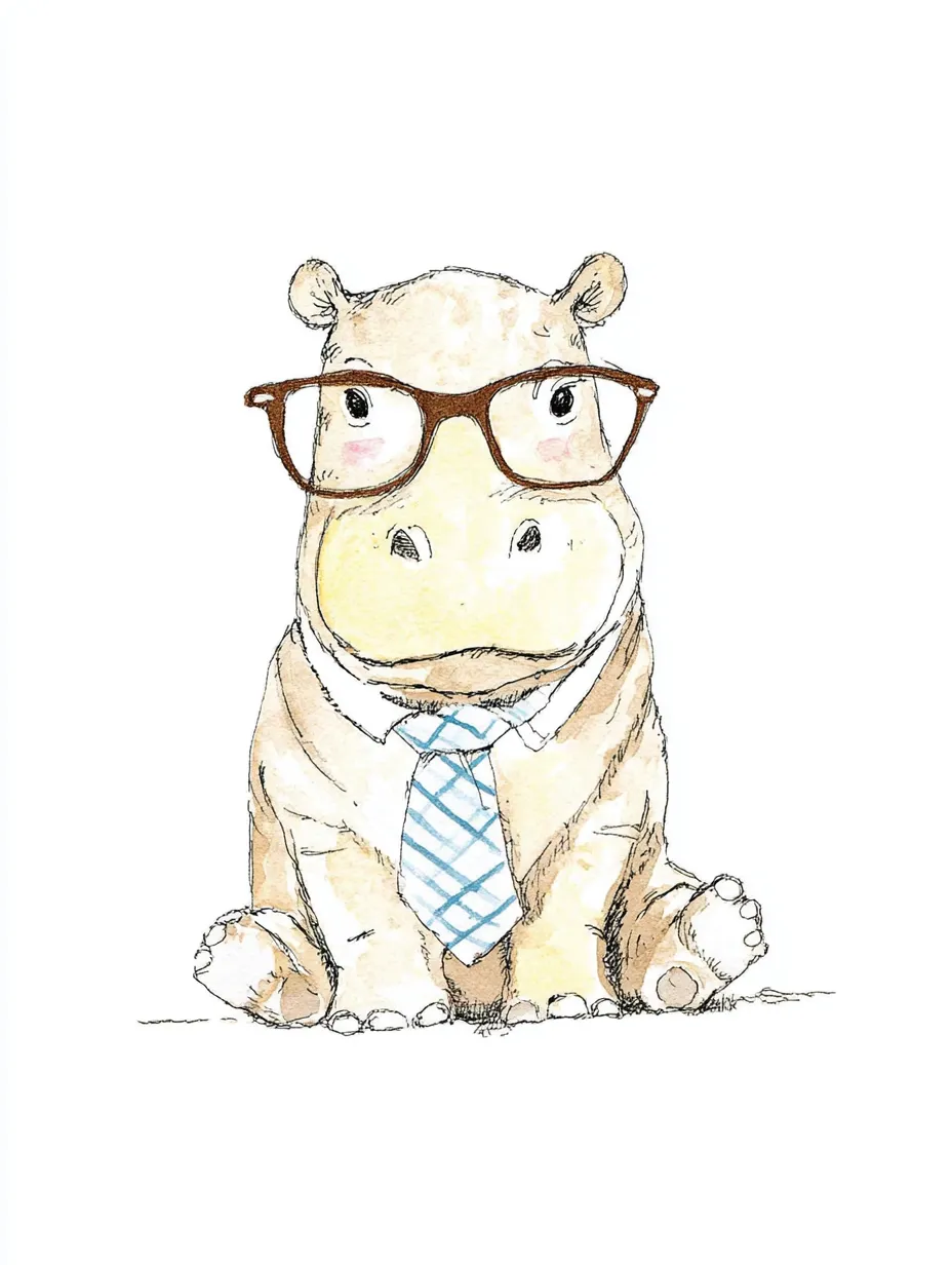 おしゃれネクタイメガネのカバ｜ふっくらとした体型と優しい表情が印象的なカバが、格子柄ネクタイで爽やかに装っています。おしゃれネクタイメガネの要素がユニークで愛される雰囲気を深めています。