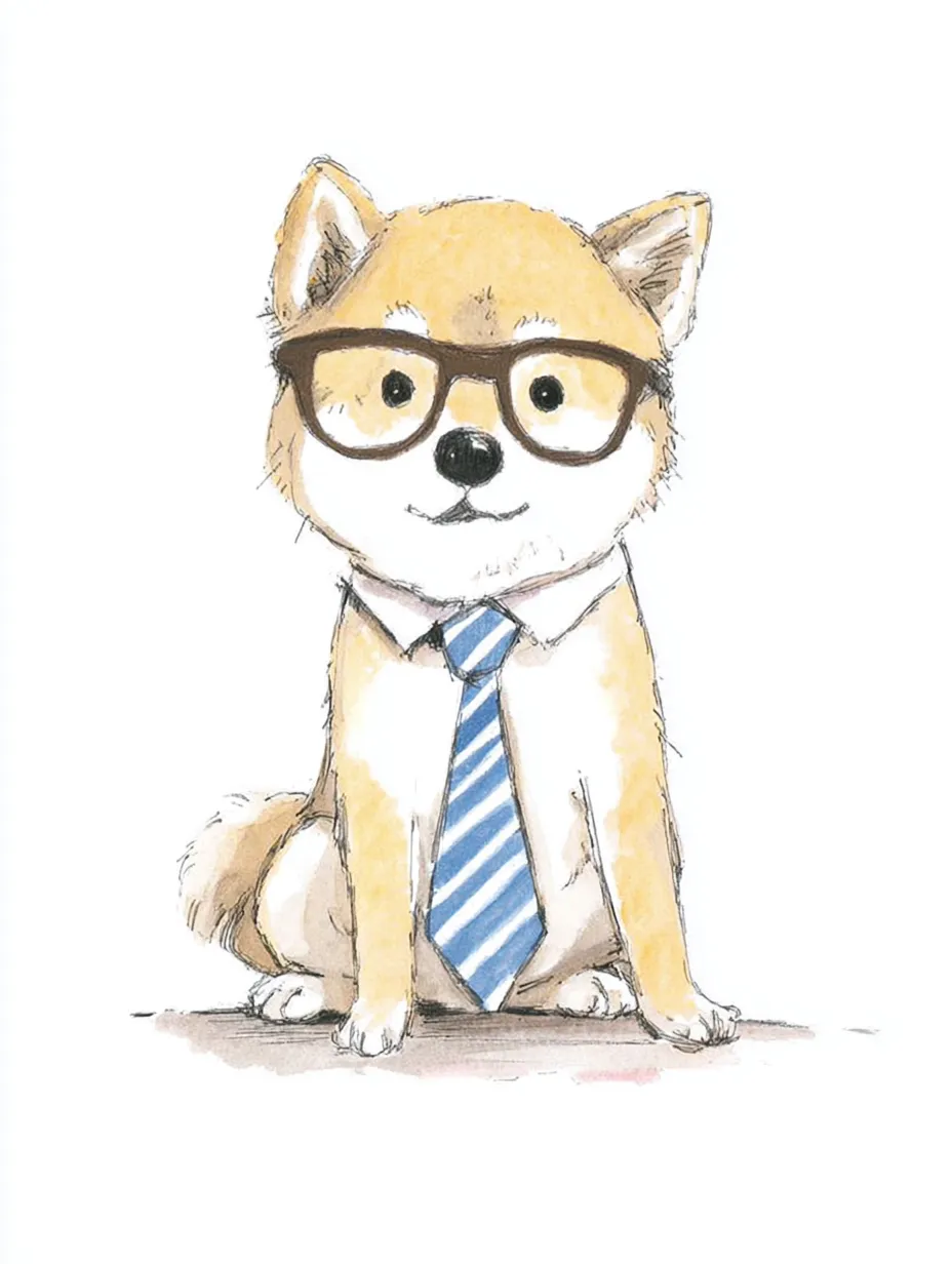 おしゃれネクタイメガネの秋田犬｜堂々とした姿勢とやさしい表情が魅力の秋田犬は、均整の取れたフォルムと青ストライプのネクタイで知的さを演出。水彩の柔らかいタッチが親しみやすく、おしゃれネクタイメガネの正統派スタイルが印象深い。