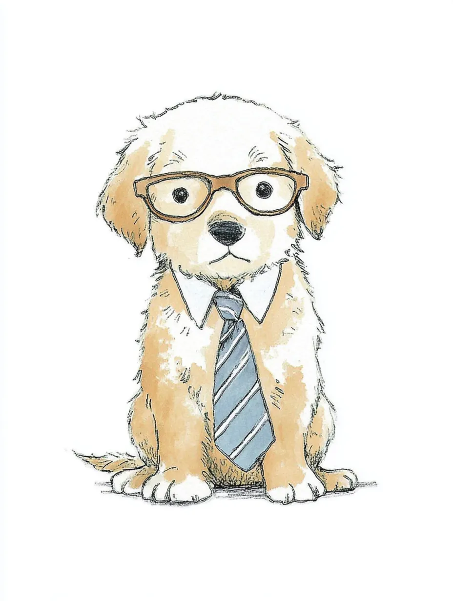 おしゃれネクタイメガネのゴールデンレトリバー｜ふんわりとした毛並みが優しく描かれたゴールデンレトリバーは、少し控えめな表情が誠実さを醸し出す。落ち着いた水色系のネクタイと大きめのメガネで、おしゃれネクタイメガネの落ち着いた知性が表現されている。