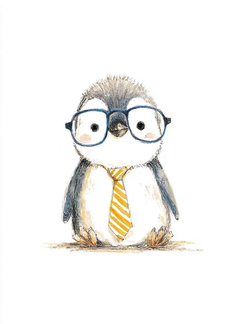 おしゃれネクタイメガネのペンギン｜ふんわりとしたタッチで描かれたヒナのようなペンギンが、はっきりした太縁メガネと黄色ストライプのネクタイで知的な印象に。やわらかな毛並みの描写と優しい表情が、おしゃれネクタイメガネらしい親しみを演出している。<br>