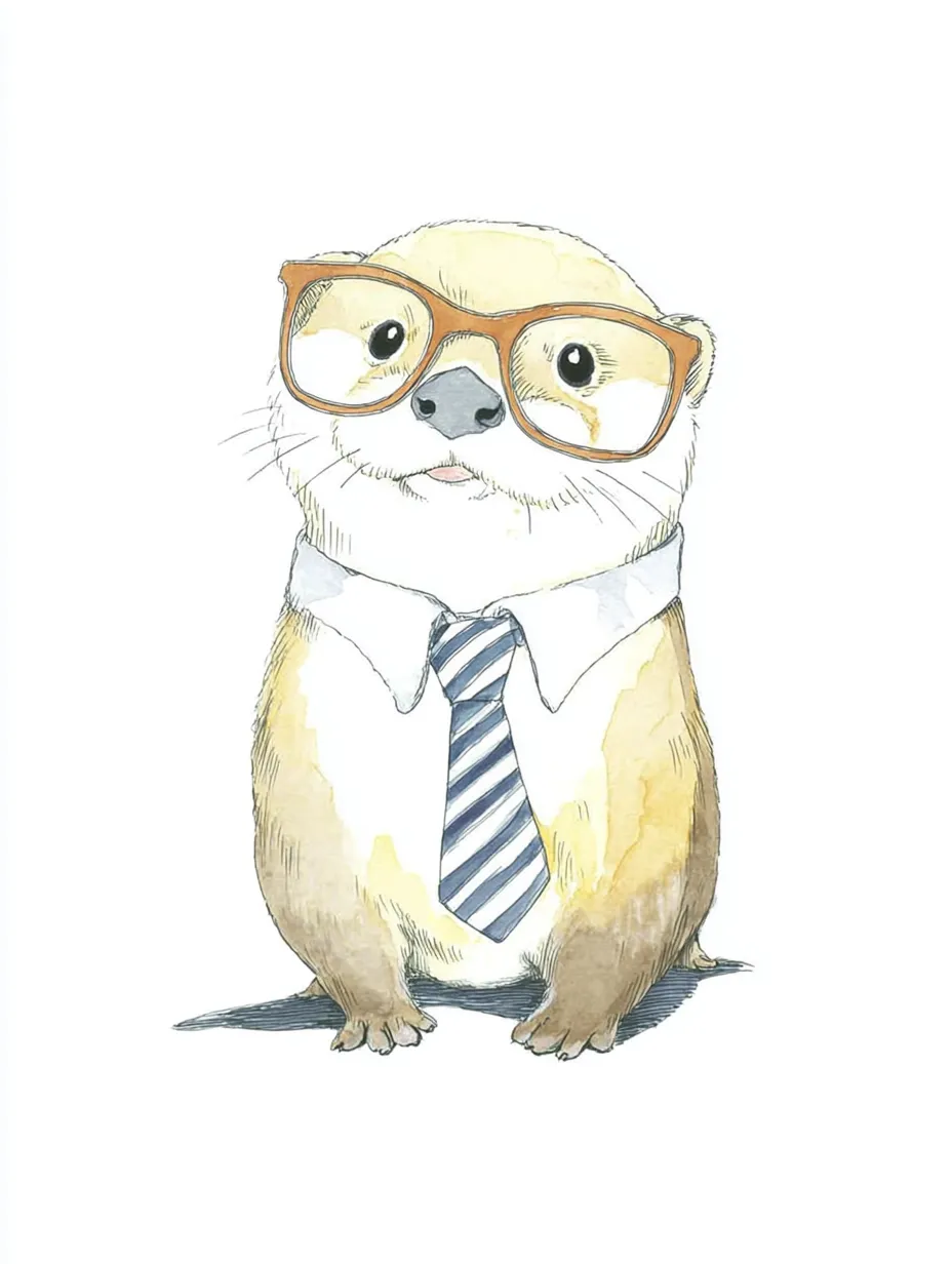 おしゃれネクタイメガネのカワウソ｜丁寧な線と淡い色合いで描かれたカワウソが、紺ストライプのネクタイと大きなメガネで上品なビジネス風に。輪郭線がはっきりしていて、表情の愛らしさが際立つ。おしゃれネクタイメガネの知的路線を体現したキャラクター。<br>