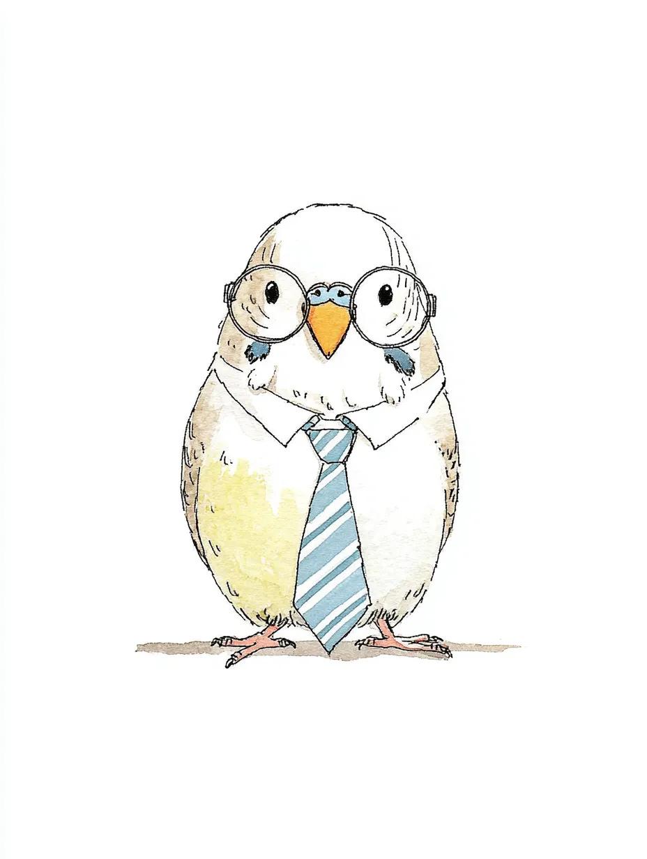 セキセイインコの落ち着きオフィス風｜柔らかい水彩風タッチで描かれたセキセイインコが、淡青のネクタイと丸眼鏡を着用。線が繊細で配色も優しく、「知性」を感じさせる落ち着いた佇まいが魅力。