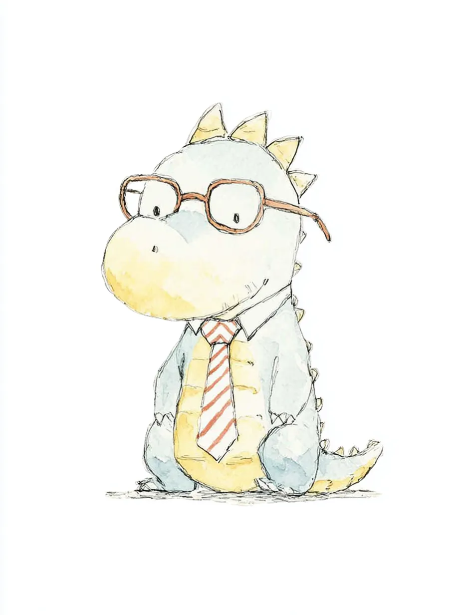 おしゃれネクタイメガネのドラゴン｜淡い水色のボディにやさしいタッチで描かれたドラゴン。四角い眼鏡とオレンジストライプのネクタイが知的でおっとりした雰囲気を演出。全体に淡色水彩の柔らかな画風で、ぬくもりある存在感が魅力的。<br>