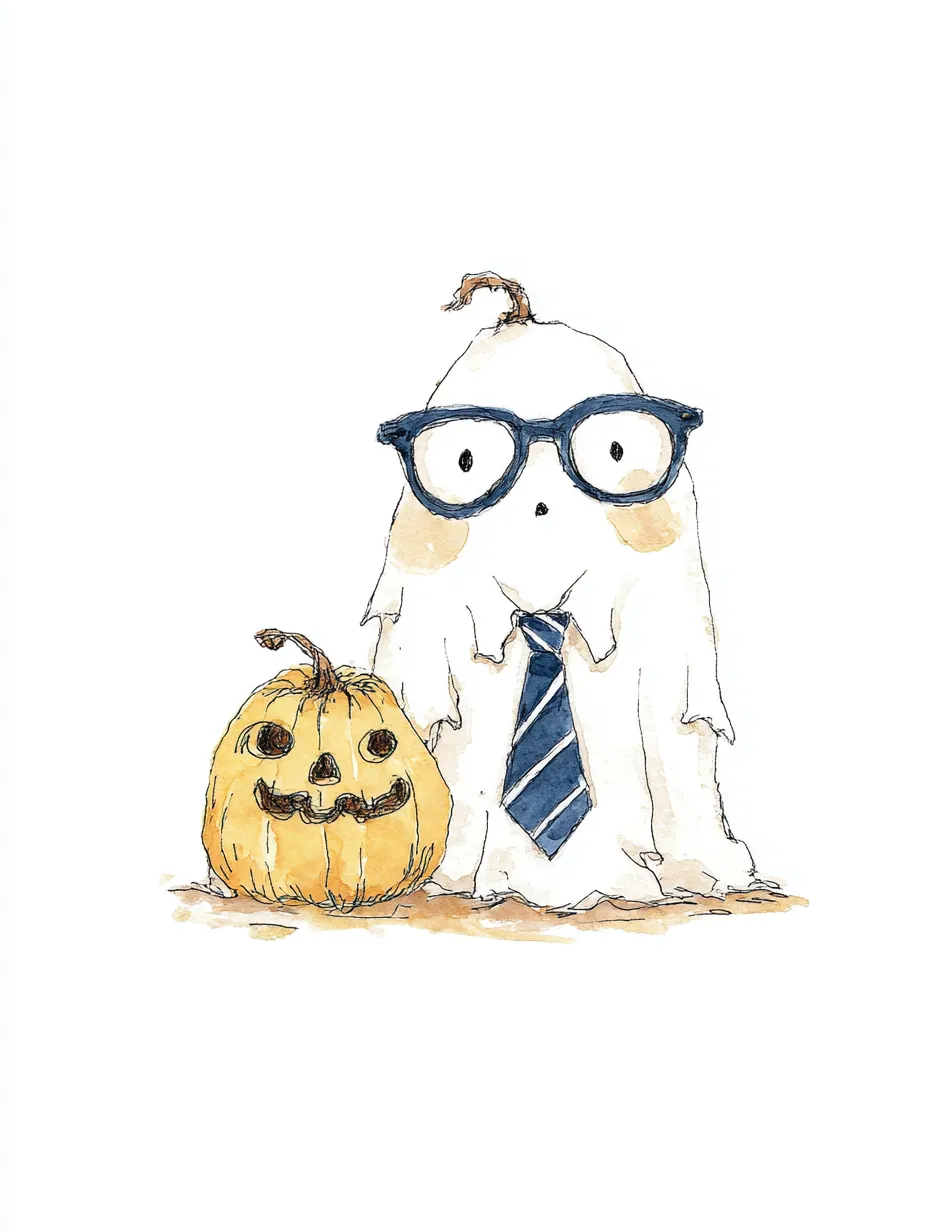 おしゃれネクタイメガネのハロウィンお化け｜ジャック・オー・ランタンと並ぶ姿が印象的な、おしゃれネクタイメガネのハロウィンお化け。墨線のようなラフな線とにじむ色合いが、やさしくてちょっぴりミステリアスな空気を漂わせます。