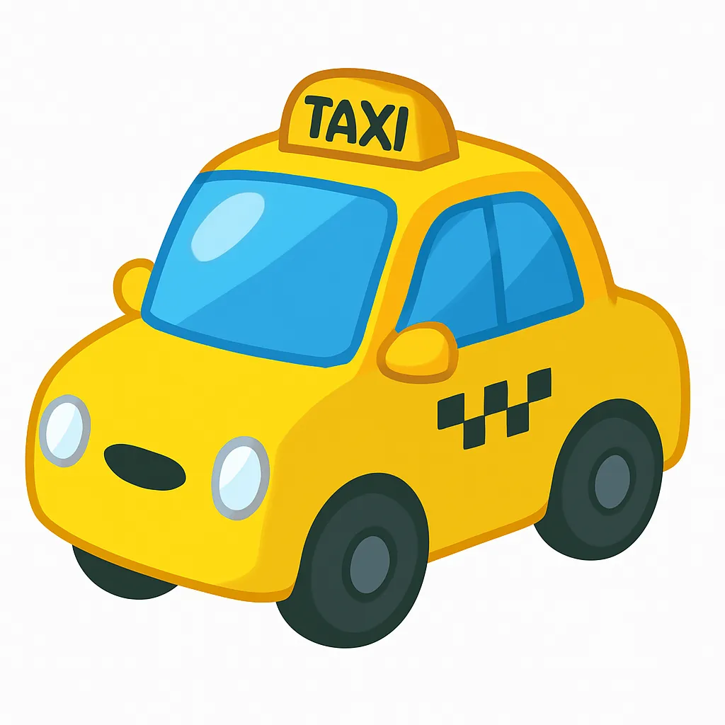 かわいいツヤがおしゃれなタクシーの白背景デザイン｜鮮やかな黄色のボディにオレンジのTAXIサインが映えるかわいいタクシー。白背景で構成が明快になり、交通案内や乗り物系のキャラ素材にぴったりな親しみやすいデザインです。