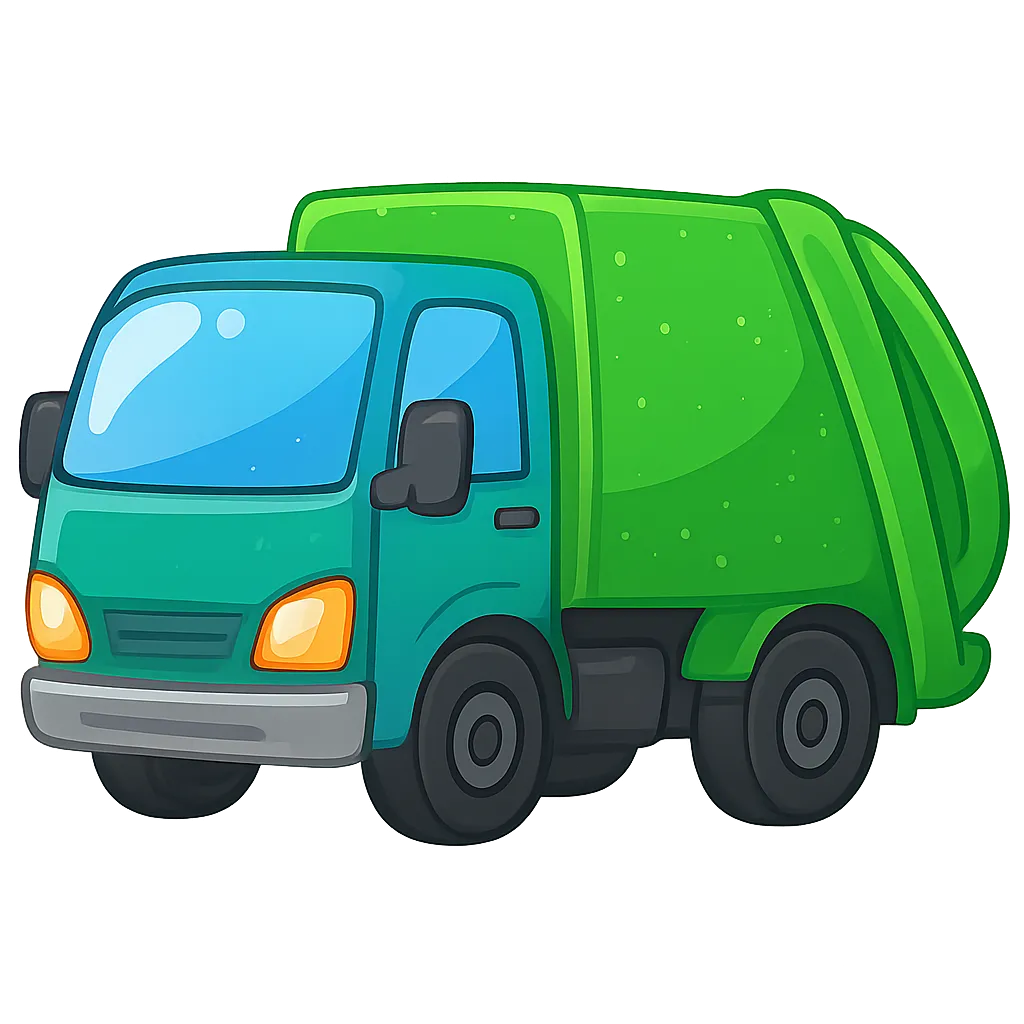 かわいいツヤがおしゃれなゴミ収集車のクリーンデザイン｜鮮やかなブルーとグリーンの車体にツヤ感を加えたかわいいゴミ収集車。親しみやすいフォルムで清潔感があり、環境・衛生関連の案内や子供向け教材に適した透過イラストです。