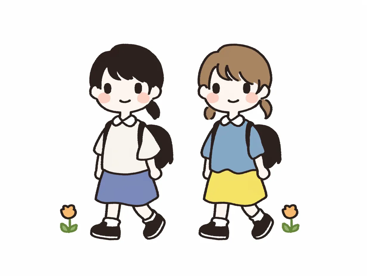 登園する仲良しな二人の女の子｜パステルカラーの穏やかな色合いで、仲良く並んで登園する二人の女の子が描かれている。リュックを背負い、軽やかな足取りで進む様子が登園の楽しい気持ちを表している。
